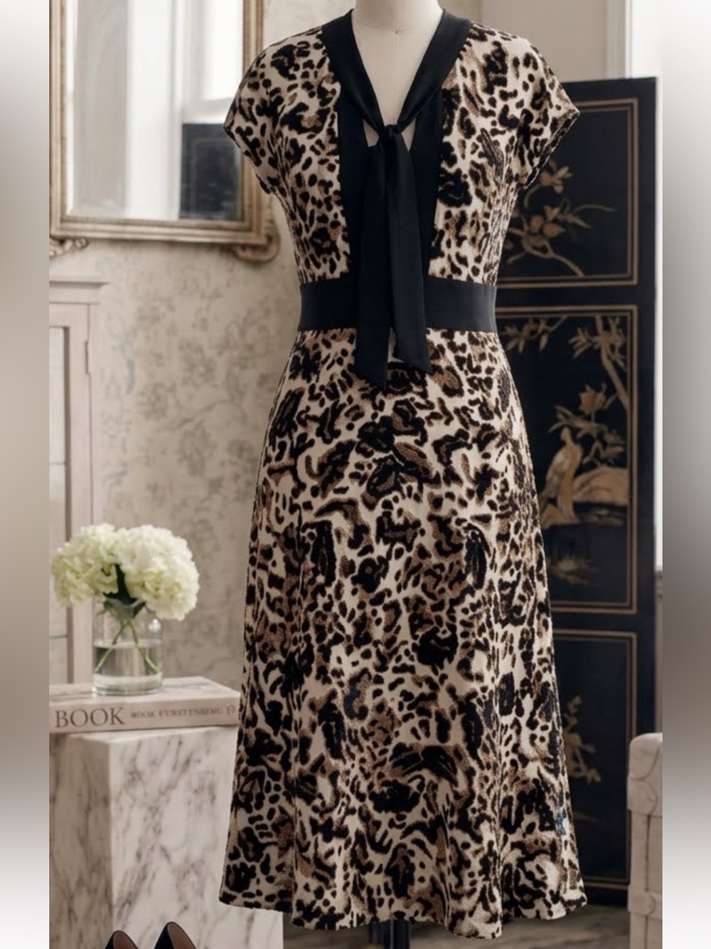 DVF Svetlana Leopard Silk Wool Empire Waist Midi Dress 8 Office Luxe